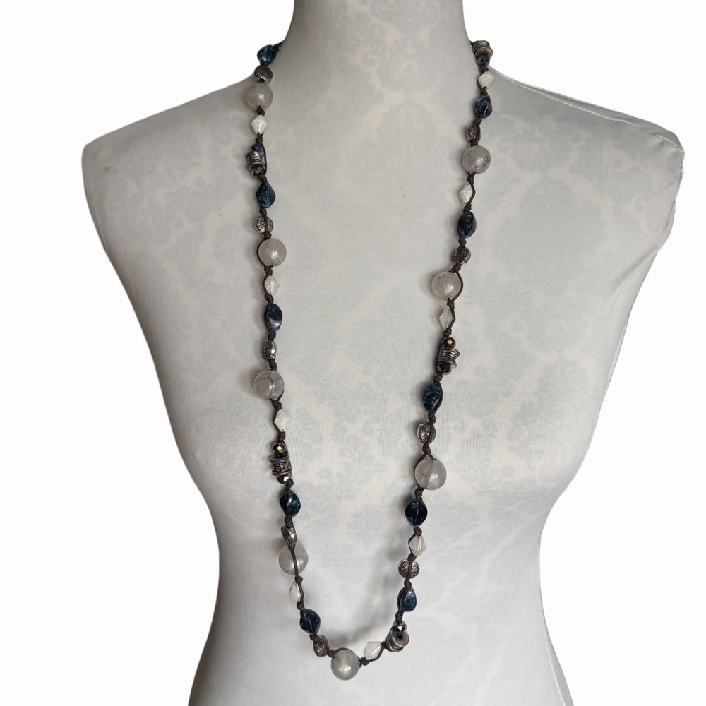 Long Beaded Necklace – Blue, White, Brown & Silver Tone – Boho Chic - Picture 2 of 3